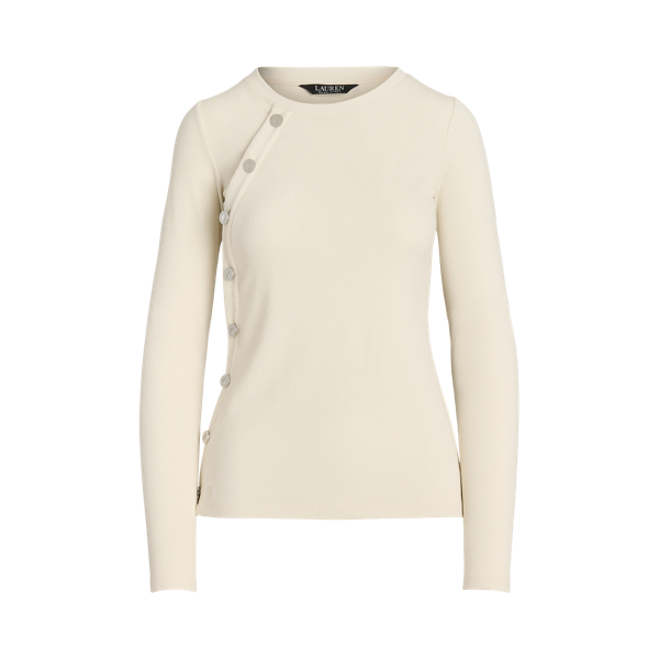 Button-Trim Rib-Knit Cotton-Blend Top Lauren 1