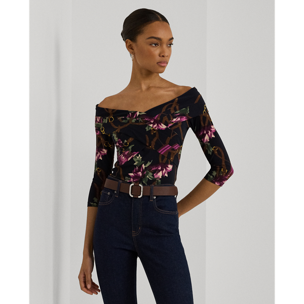 Navy Multi Print Jersey Off-the-Shoulder Top Lauren 1