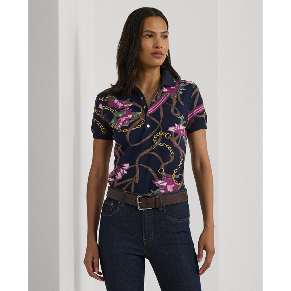 Navy Multi Print Stretch Piqué Polo Shirt Lauren 1