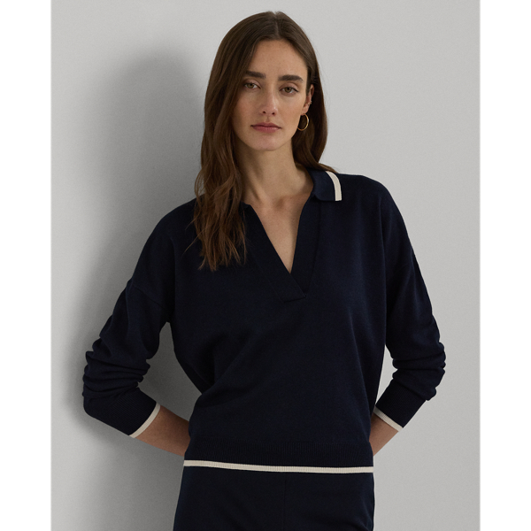 Lauren Navy/Cream Two-Tone Cotton-Blend Polo Sweater Lauren 1