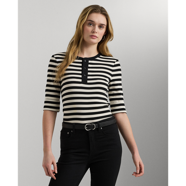 Striped Stretch Cotton Henley Tee