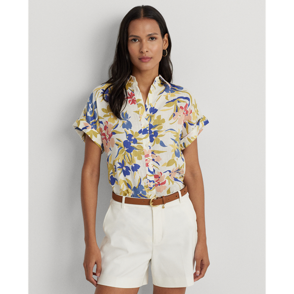 Cream/Blue Multi Relaxed Fit Floral Short-Sleeve Shirt Lauren 1