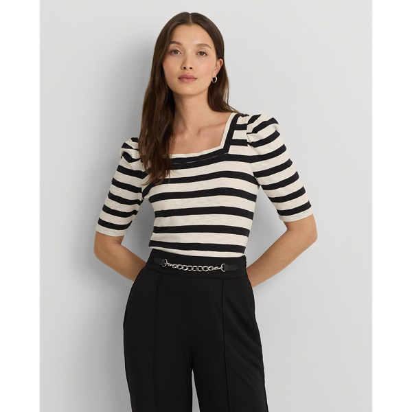 Mascarpone Cream/Black Striped Cotton Jersey Puff-Sleeve Tee Lauren 1