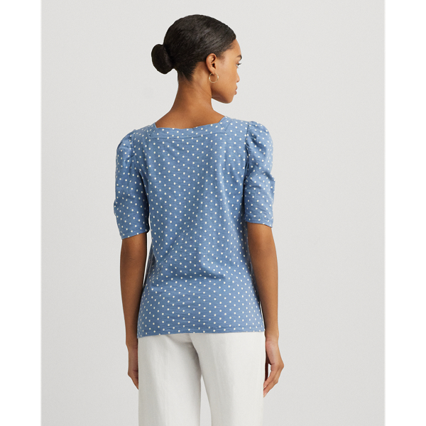 Blue/Cream Polka-Dot Slub Jersey Puff-Sleeve Tee Lauren 5