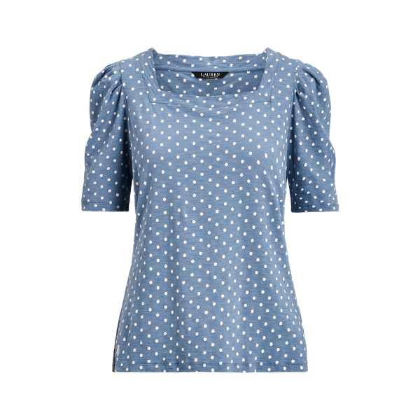 Blue/Cream Polka-Dot Slub Jersey Puff-Sleeve Tee Lauren 2