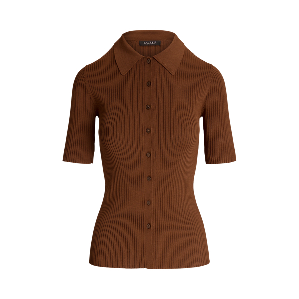 Rib-Knit Elbow-Sleeve Polo Cardigan Lauren 1