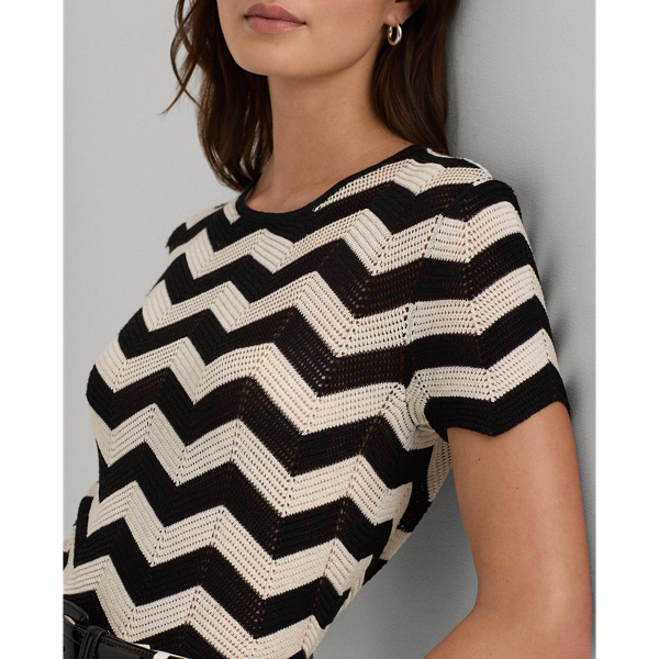 Black/Mascarpone Cream Chevron Short-Sleeve Sweater Lauren 6