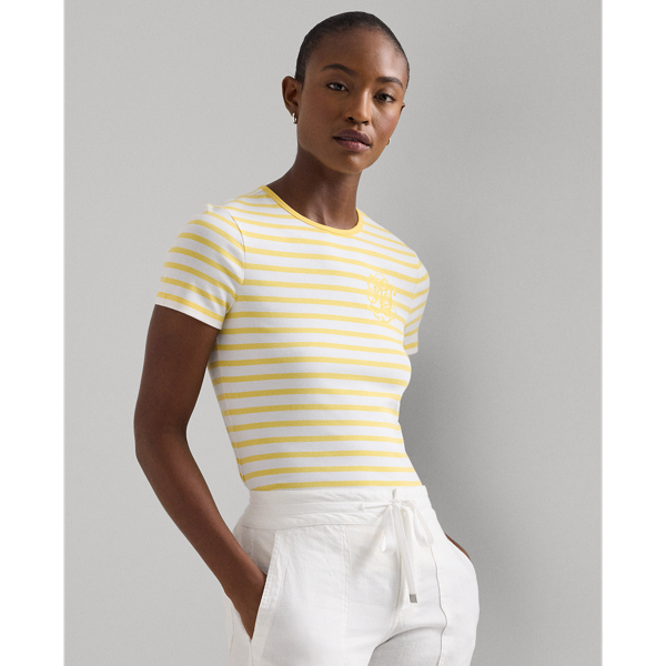 White/ Primrose Yellow Striped Stretch Cotton Crewneck Tee Lauren 1