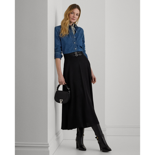 Black Buckle-Trim Twill Midi Skirt Lauren 1