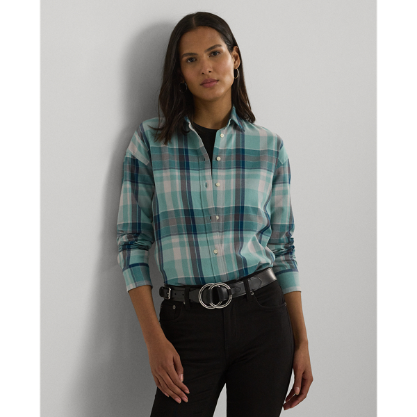 Turquoise Multi Relaxed Fit Plaid Cotton Twill Shirt Lauren 1