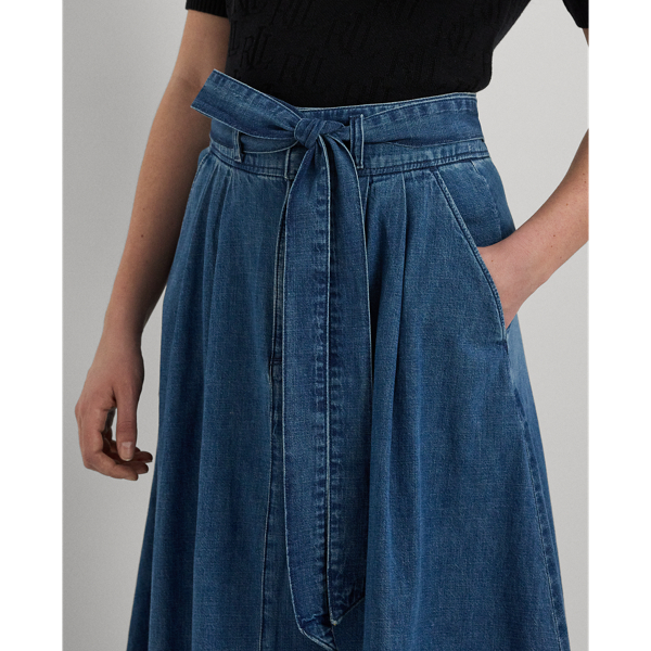 Belted a-line midi denim skirt hotsell