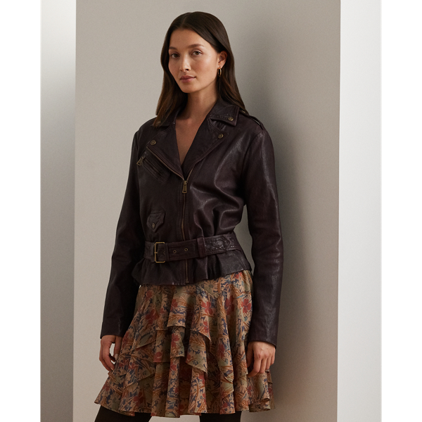 Belted Burnished Leather Moto Jacket