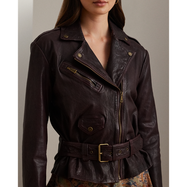 Belted Burnished Leather Moto Jacket