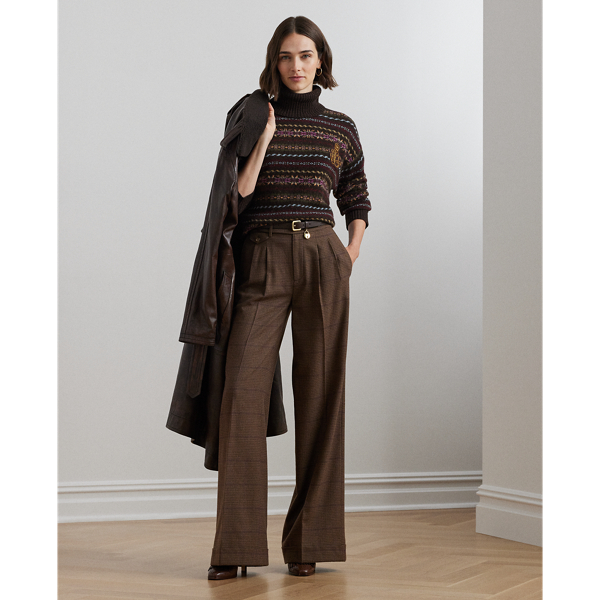 Brown/Tan/Purple Multi Checked Pleated Wool Wide-Leg Pant Lauren 1