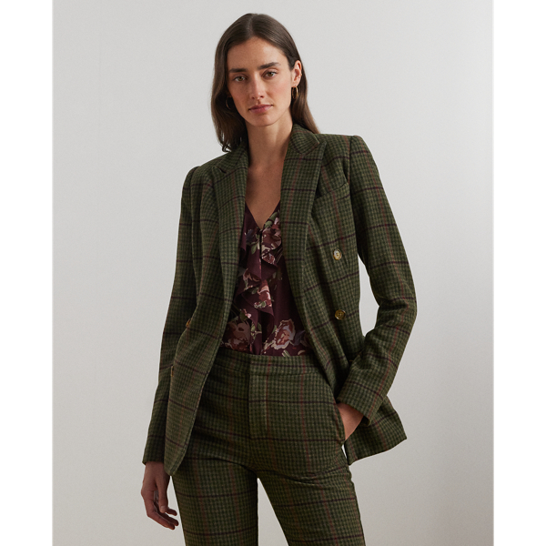 Olive Multi Double-Breasted Checked Blazer Lauren 1