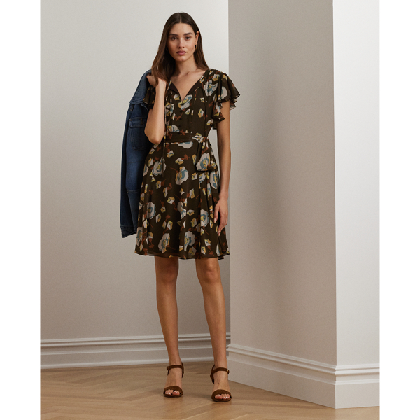 Brown Multi Floral Georgette Flutter-Sleeve Dress Lauren 1