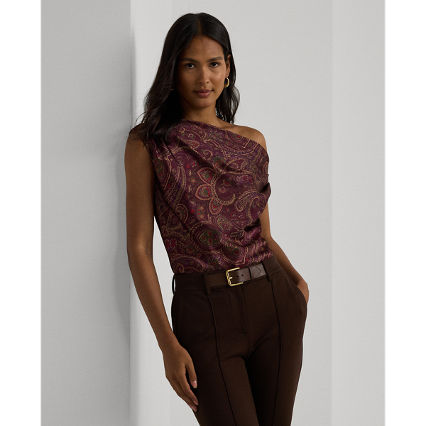 Burgundy Multi Print Charmeuse Off-the-Shoulder Blouse Lauren 1