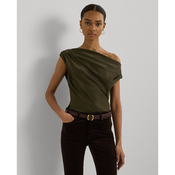 Botanic Green Satin Charmeuse Off-the-Shoulder Blouse Lauren 1