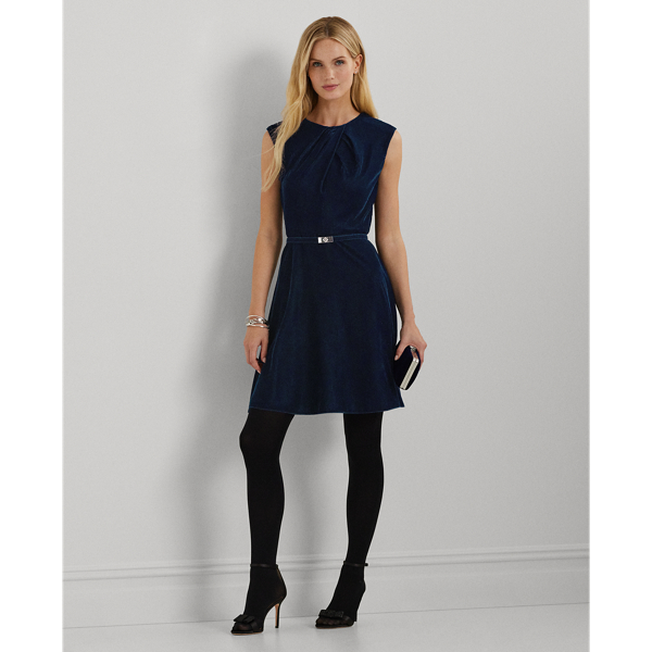 Luxe Navy Velvet Belted Velvet Cap-Sleeve Dress Lauren 1