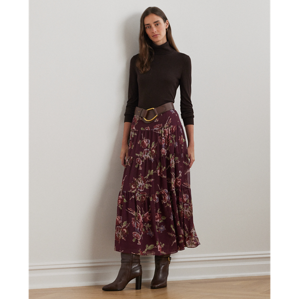 Burgundy Multi Floral Crinkle Georgette Tiered Skirt Lauren 1