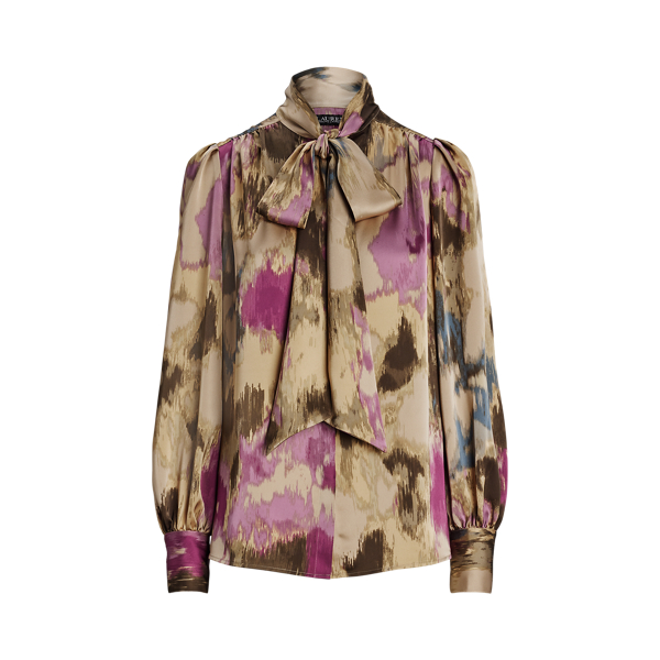 Floral Satin Charmeuse Tie-Neck Blouse