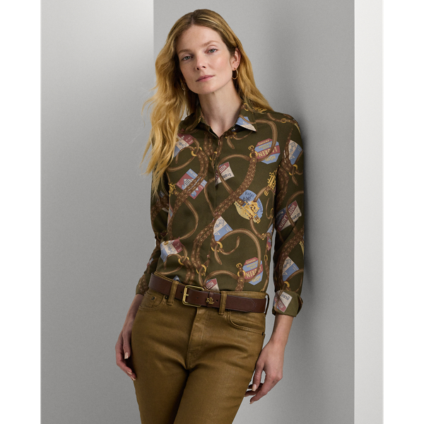 Olive Multi Classic Fit Belting-Print Crepe Shirt Lauren 1