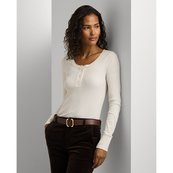 Mascarpone Cream Stretch Cotton Long-Sleeve Henley Tee Lauren 1