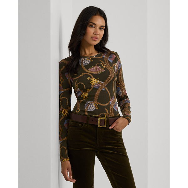 Olive Multi Belting-Print Cotton Long-Sleeve Tee Lauren 1