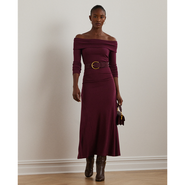 Rib Knit Off the Shoulder Midi Dress for Women Ralph Lauren CO