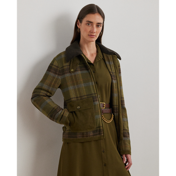 Olive Multi Plaid Suede-Trim Twill Bomber Jacket Lauren 1