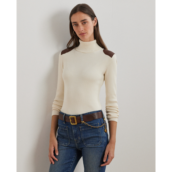 Mascarpone Cream Faux-Leather-Trim Ribbed Turtleneck Lauren 1