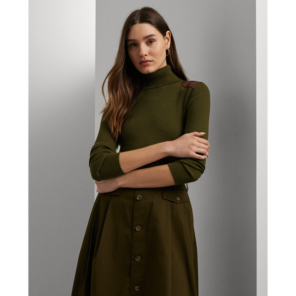 Botanic Green Faux-Leather-Trim Rib-knit Roll Neck Lauren 1