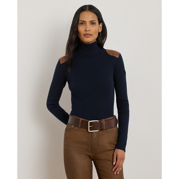 Rollkragenpullover mit Kunstlederbesatz