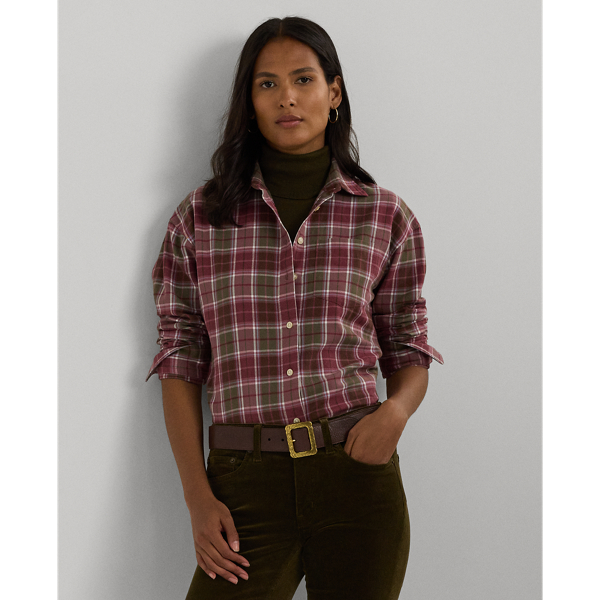 Burgundy/Green Multi Relaxed Fit Checked Plaid Cotton Shirt Lauren 1