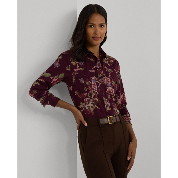 Burgundy Multi Classic Fit Floral Cotton Voile Shirt Lauren 1