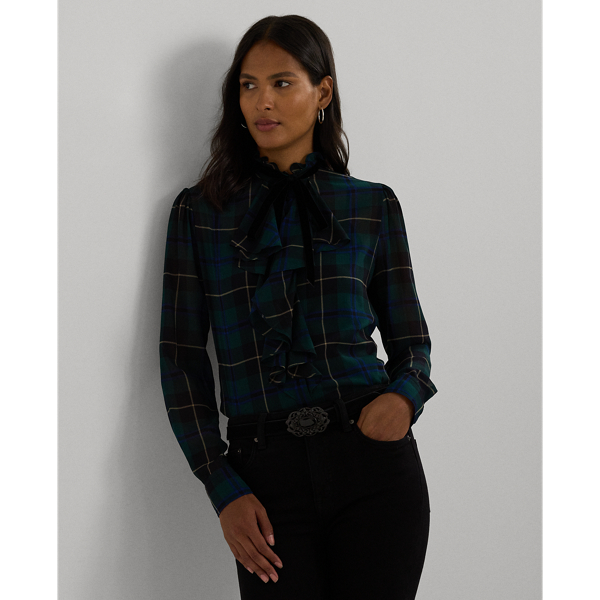 Blue/Black/Green Plaid Ruffle-Trim Georgette Blouse Lauren 1