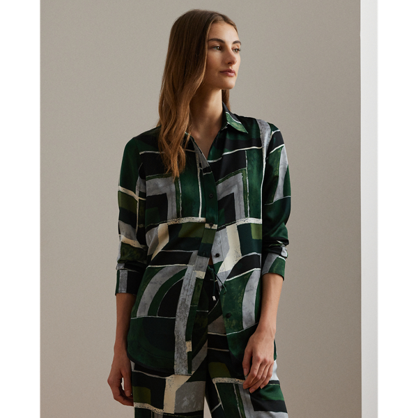 Black/Green/Cream Classic Fit Geo-Print Charmeuse Shirt Lauren 1