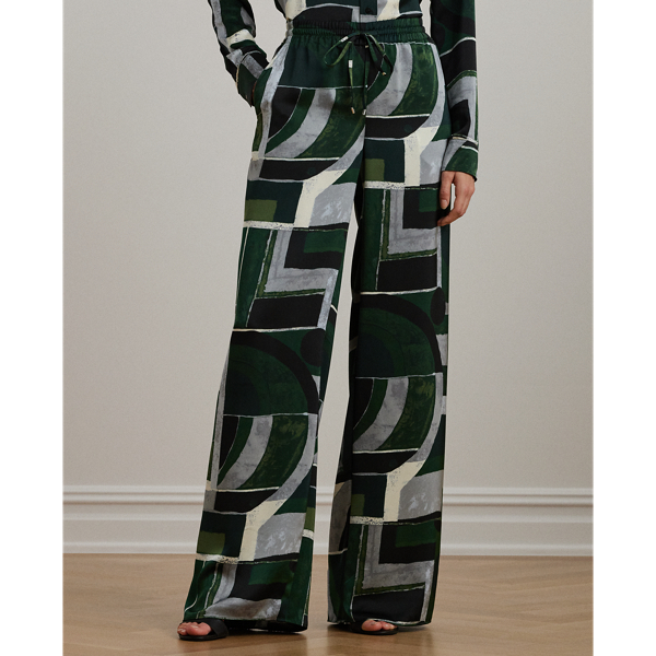 Geo-Print Satin Charmeuse Wide-Leg Pant