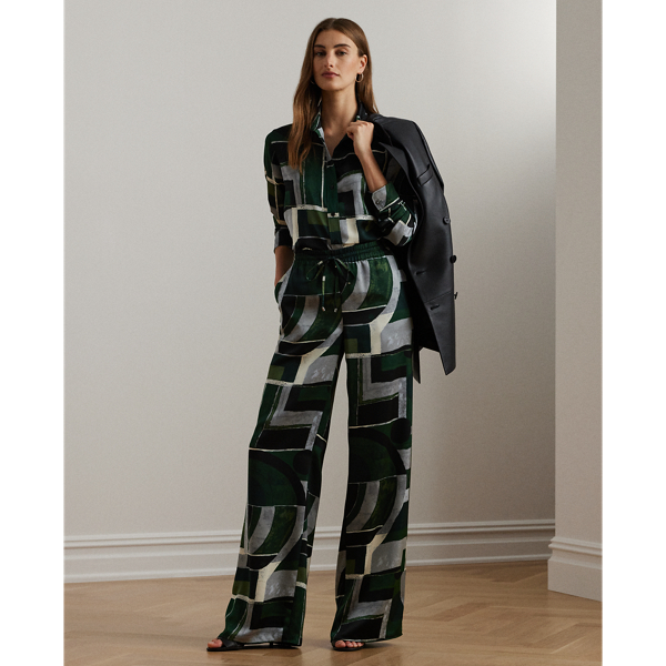 Black/Green/Cream Geo-Print Satin Charmeuse Wide-Leg Pant Lauren 1