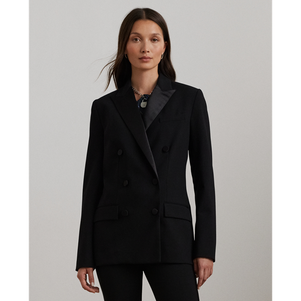 Black Double-Breasted Satin-Trim Crepe Blazer Lauren 1