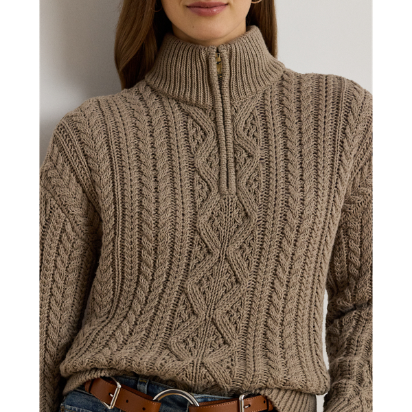 Aran-Knit Cotton Quarter-Zip Pullover