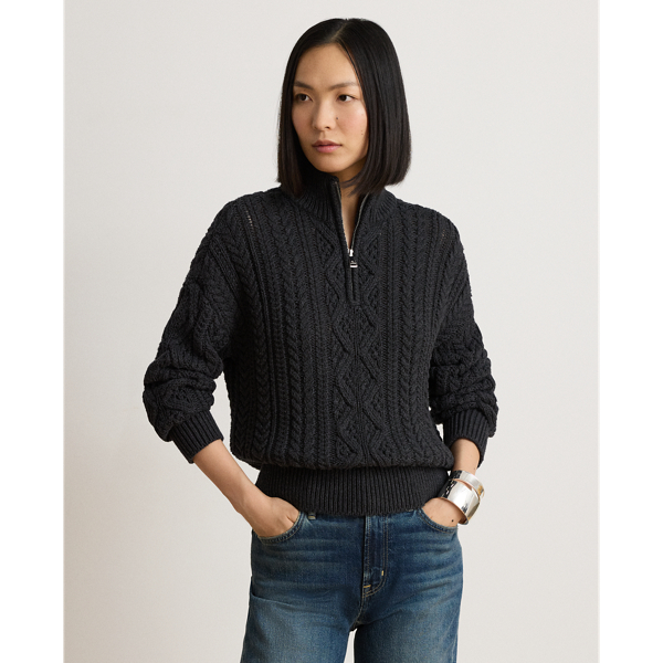 Aran-Knit Cotton Quarter-Zip Pullover
