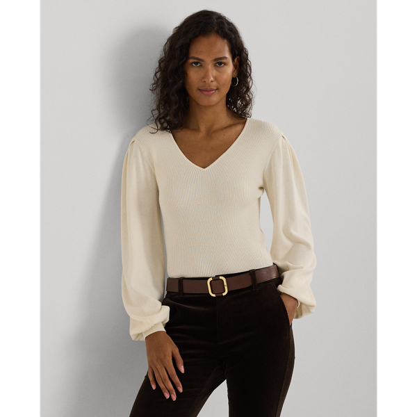 Mascarpone Cream Cotton-Blend Blouson-Sleeve Sweater Lauren 1