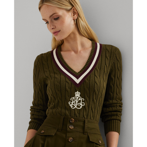 Botanic Green/Pinot Noir Cable-Knit Cotton Cricket Sweater Lauren 6