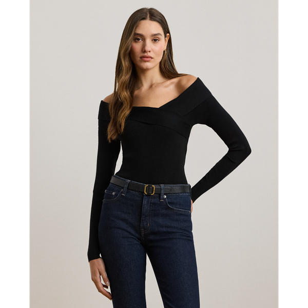 Black Rib-Knit Off-the-Shoulder Sweater Lauren 1