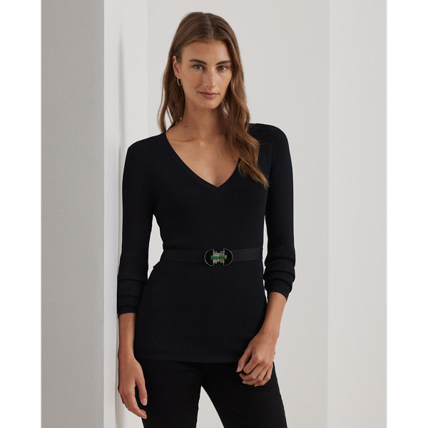 Black Belted Rib-Knit V-Neck Sweater Lauren 1