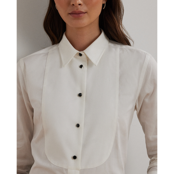 White Bib-Front Cotton Broadcloth Shirt Lauren 6