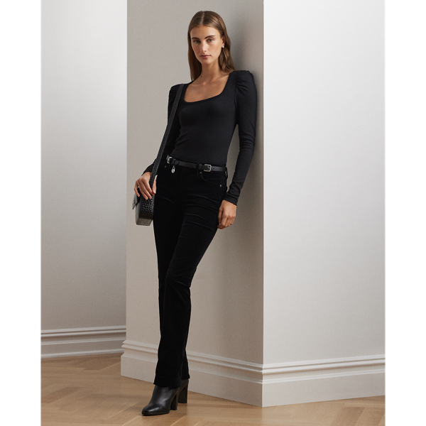 Black Stretch Cotton Ribbed Puff-Sleeve Tee Lauren 4