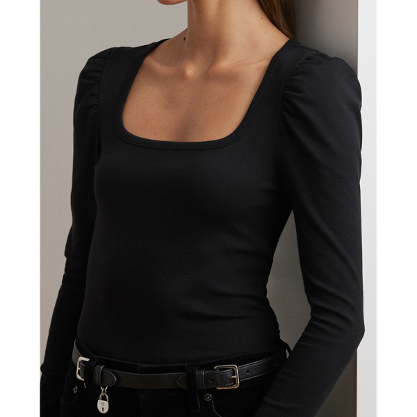 Stretch Cotton Rib knit Puff Sleeve Tee