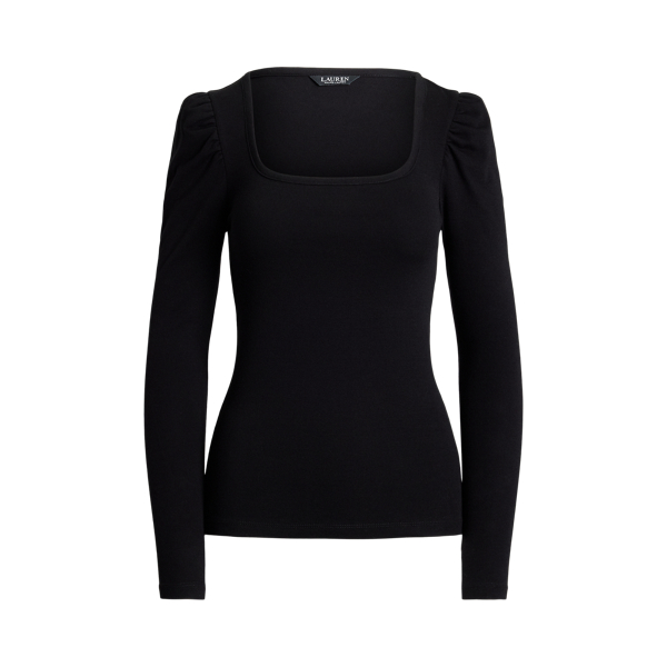 Black Stretch Cotton Ribbed Puff-Sleeve Tee Lauren 2